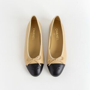 SOLD— Chanel Beige + Black Ballerina Flats